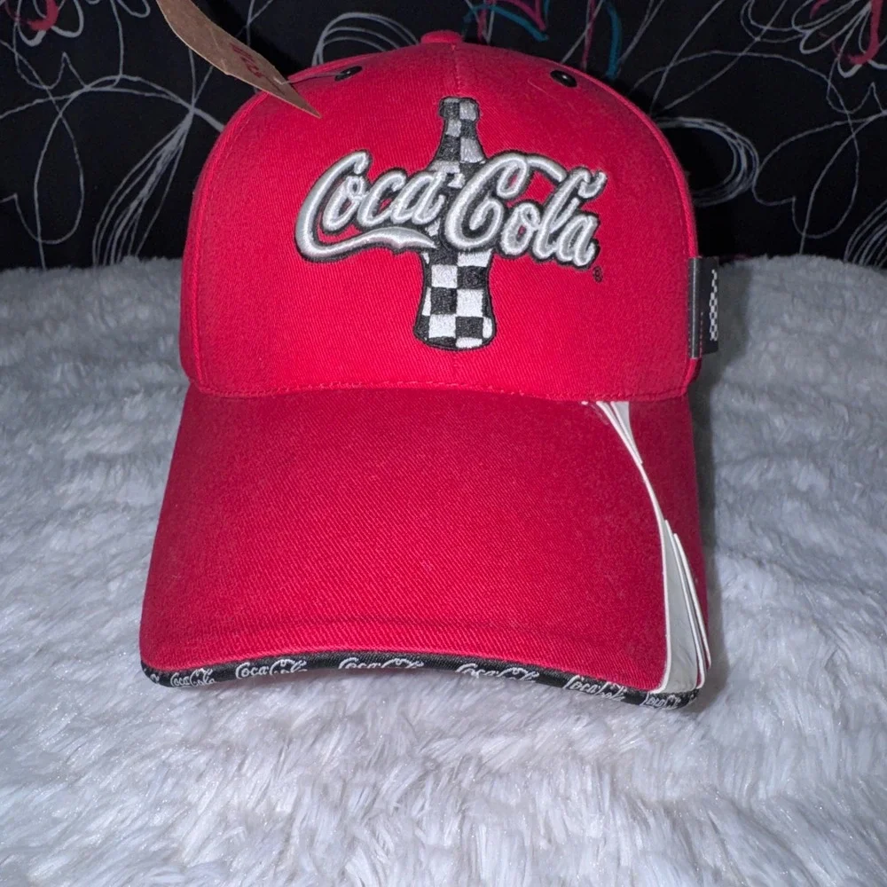 Coca-Cola Hat Men OS Red Excellent Racing Checkerboard Embroidered Cap